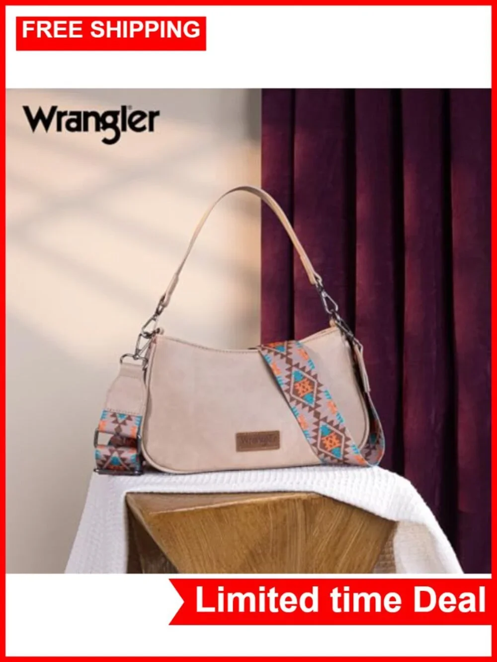 Vegan Faux Leather Aztec Print Shoulder Bag Hobo Handbag with Detachable Strap